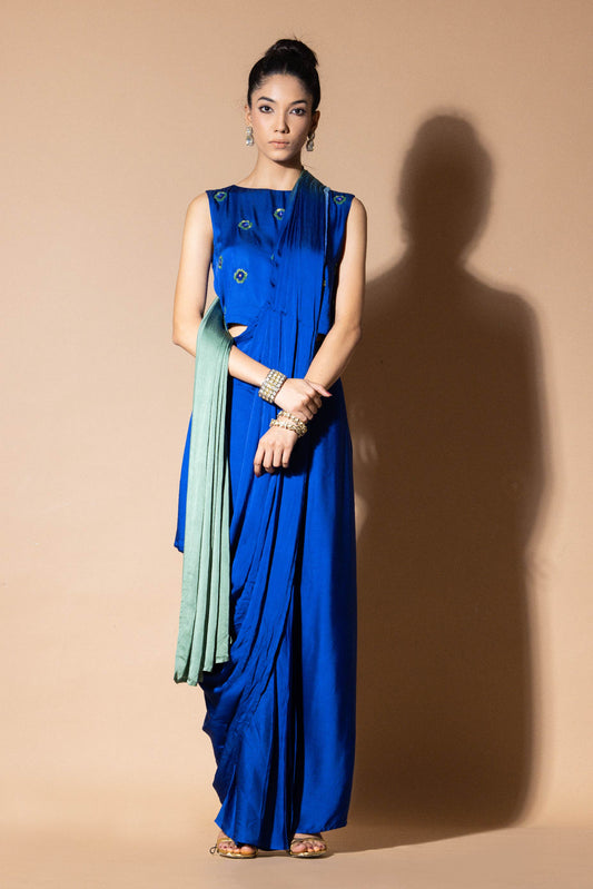 Celestial Blue And Green Ombre Draped Saree With Crop Top