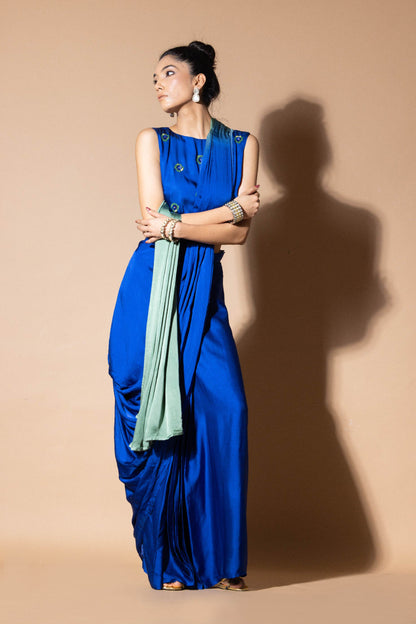 Celestial Blue And Green Ombre Draped Saree With Crop Top