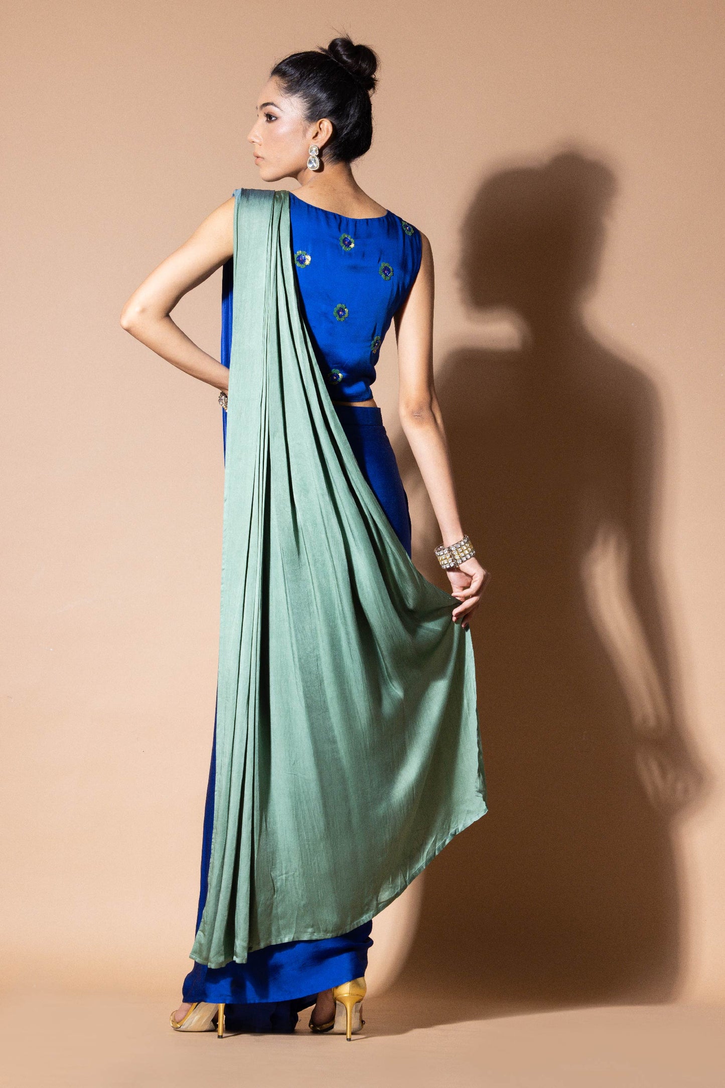 Celestial Blue And Green Ombre Draped Saree With Crop Top